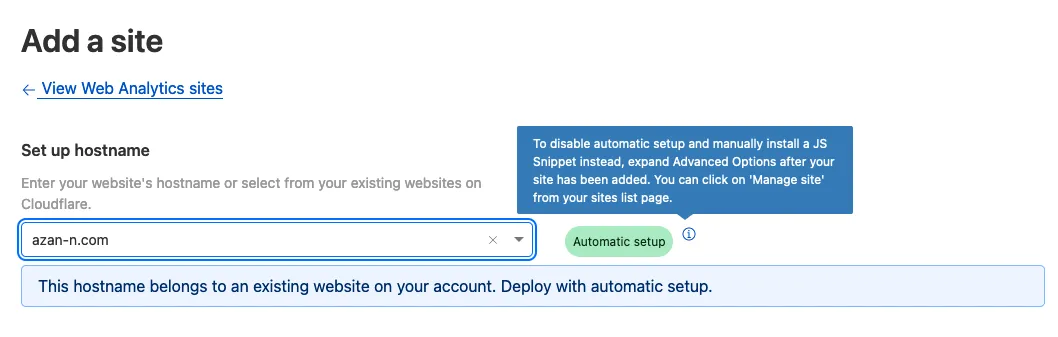 The Cloudflare dashboard page showing a button to add Web Analytics to your page.