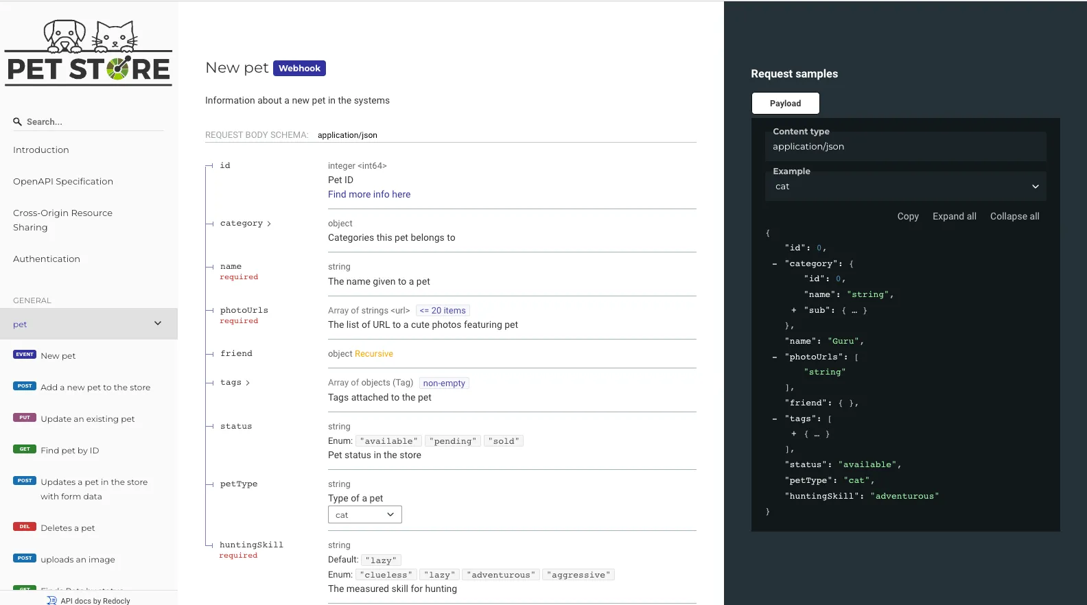 A picture of a Redoc generated website for the generic petstore API
