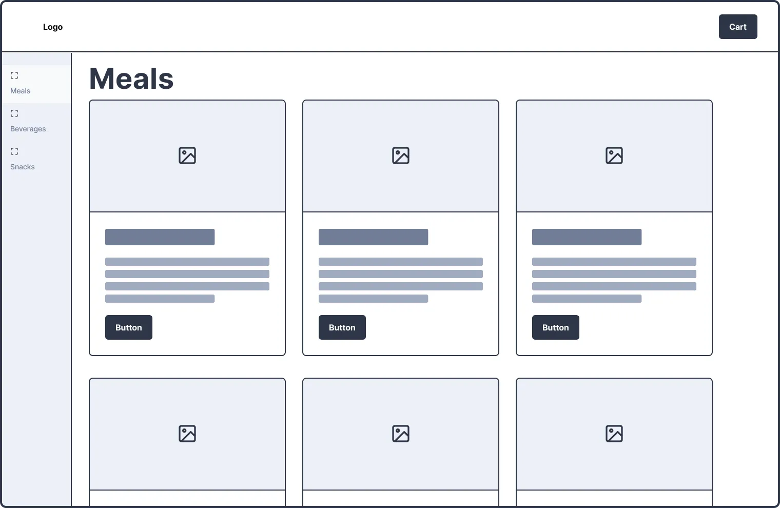 A wireframe with a sidebar for categories, similar to a modern McDonald's self-serve.